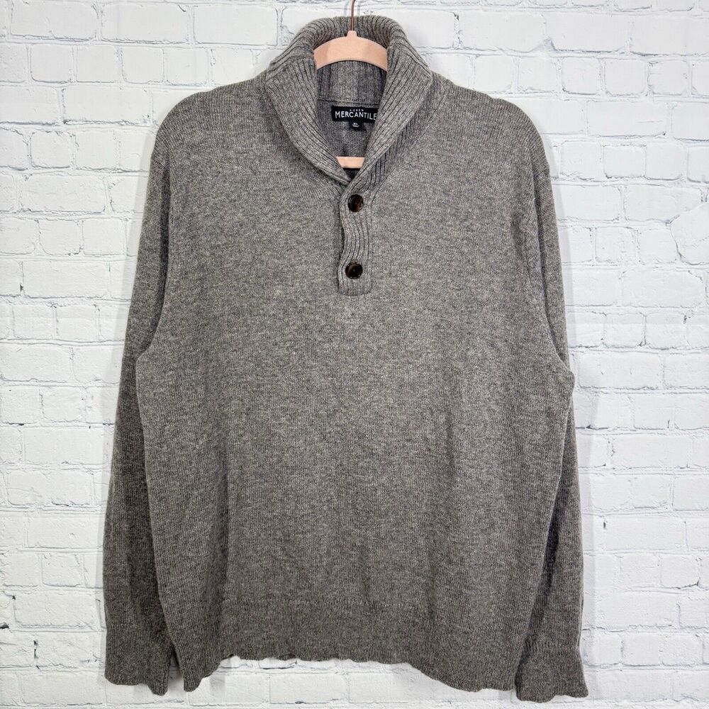 J Crew Henley Sweater Mens XL Brown Collared Lambswool Blend Preppy Chunky Fish